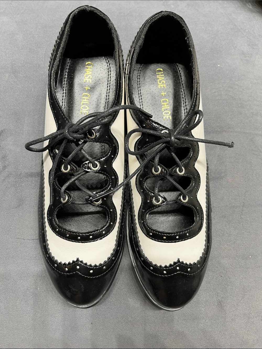 Chase + Chloe Black and Cream Vintage Styled Two-Tone Lace-Up Flats